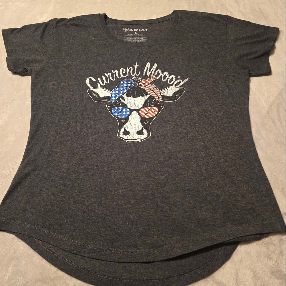 Ariat Women's T Shirt L Cow Current Mood Gray Red White Blue USA